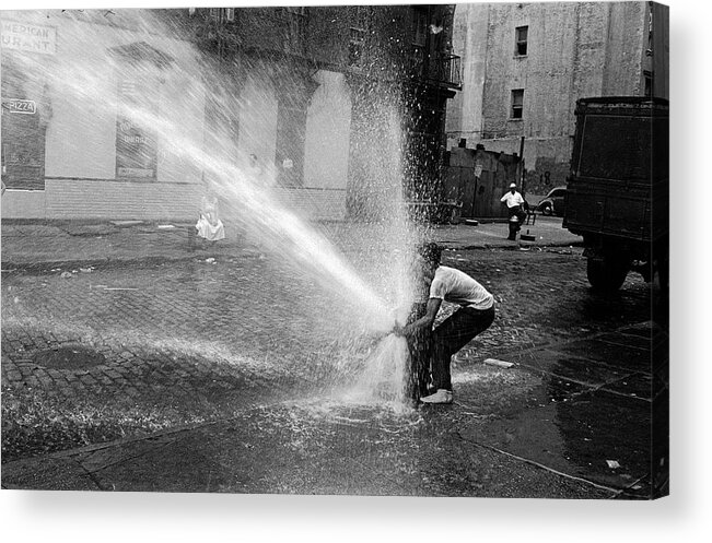 People Acrylic Print featuring the photograph Playing With A Fire Hydrant by Peter Stackpole