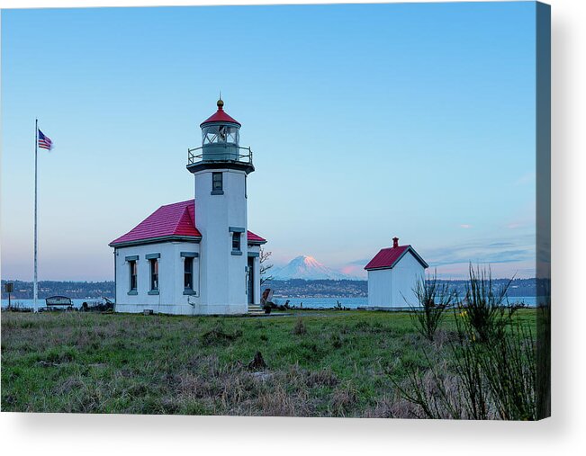 Outdoor; Beach; Maury Island; Vashon Island; Lighthouse; Point Robinson; Puget Sound; Sunset; Mt Rainier; Acrylic Print featuring the digital art Point Robinson Lighthouse at Maury Island, WA by Michael Lee