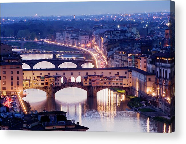 Architectural Feature Acrylic Print featuring the photograph Ponte Vecchio Bridge In Florence At by Deejpilot