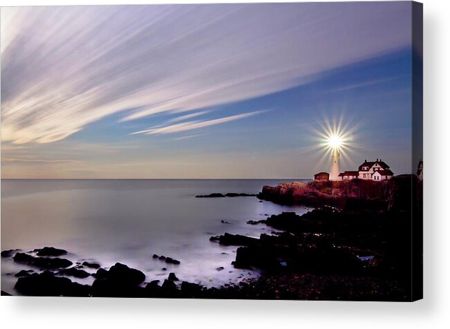 Water's Edge Acrylic Print featuring the photograph Portland Head Light By Night by C. Fredrickson Photography