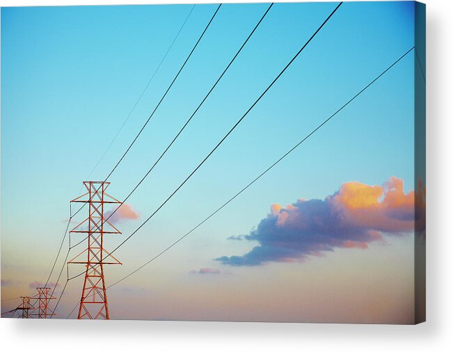 In A Row Acrylic Print featuring the photograph Power Lines And Blue Sky With Clouds by Thomas Northcut
