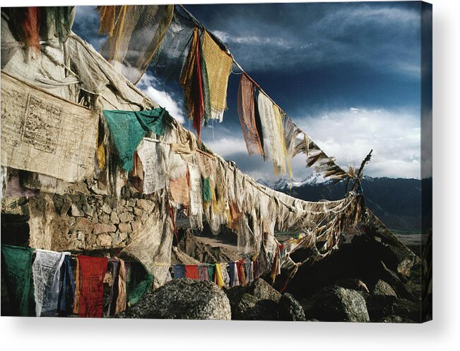 Himalayas Acrylic Print featuring the photograph Prayer Flags Above Leh, Ladakh, Leh by Richard I'anson