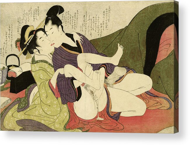 Kitagawa Acrylic Print featuring the painting Prostitute Kissing with Young Man, 1799 by Kitagawa Utamaro