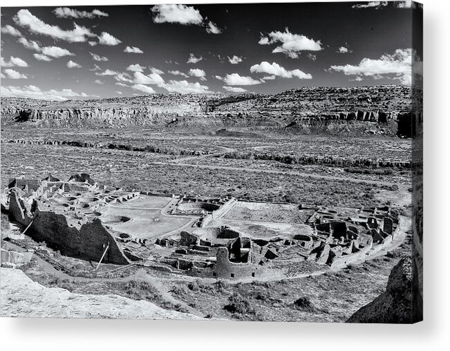 Chaco Canyon Anasazi New Mexico Desert Ruins Navajo Pueblo Religion Drought Native Indigenous Adobe Rocks Canyon Monochrome Acrylic Print featuring the photograph Pueblo Bonito at Chaco Canyon by Alan Vance Ley