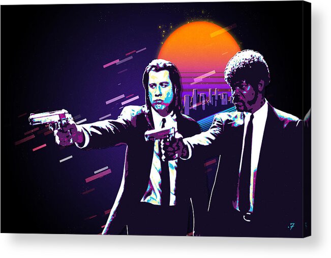 ‘cinema Treasures’ Collection By Serge Averbukh Acrylic Print featuring the digital art Pulp Fiction Revisited - Urban Neon Vincent Vega and Jules Winnfield by Serge Averbukh
