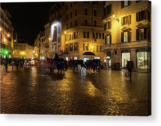 Georgia Mizuleva Acrylic Print featuring the photograph Rainy Rome - Slo Mo Shoppers Horses and Carriages on Glowing Piazza di Spagna by Georgia Mizuleva