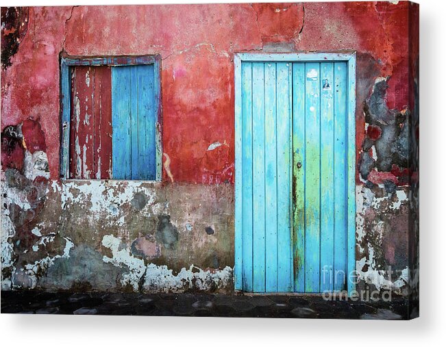 Wall Acrylic Print featuring the photograph Red, blue and grey wall, door and window by Lyl Dil Creations