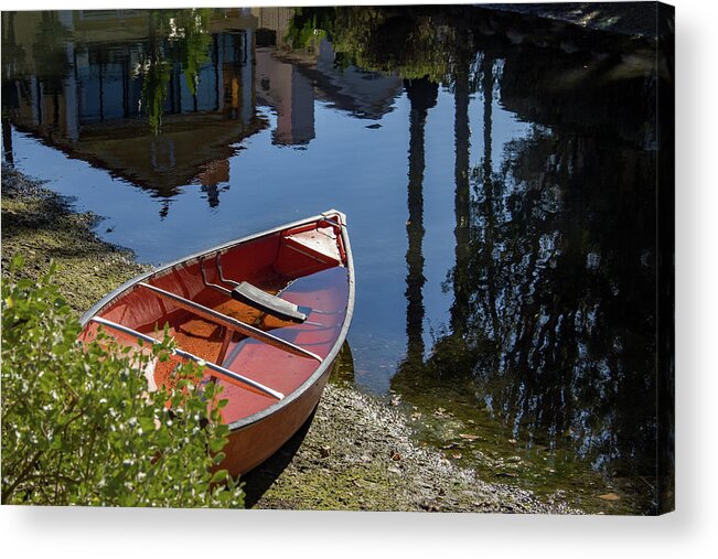Beached Acrylic Print featuring the photograph Red Boat on Canal Shore by Roslyn Wilkins