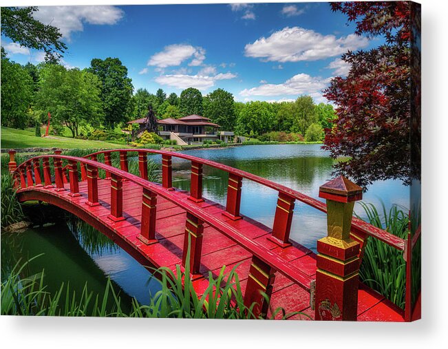 Nature Acrylic Print featuring the photograph Red Bridge at the Lake House by Tom Mc Nemar