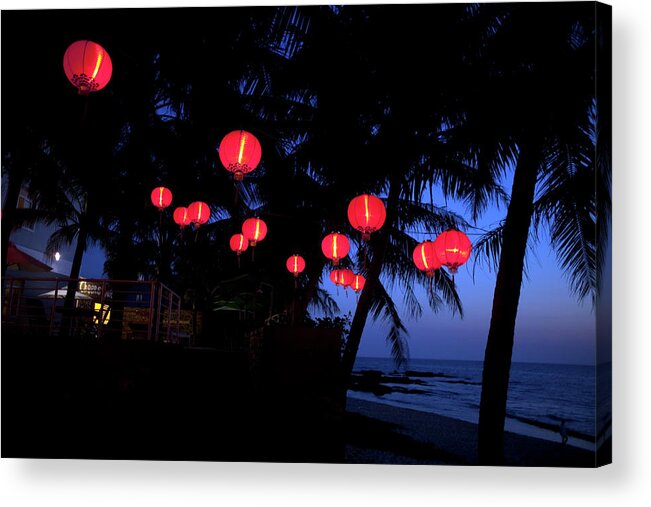 Hanging Acrylic Print featuring the photograph Red Chinese Lanterns Hang From Palm by Dennis Drenner