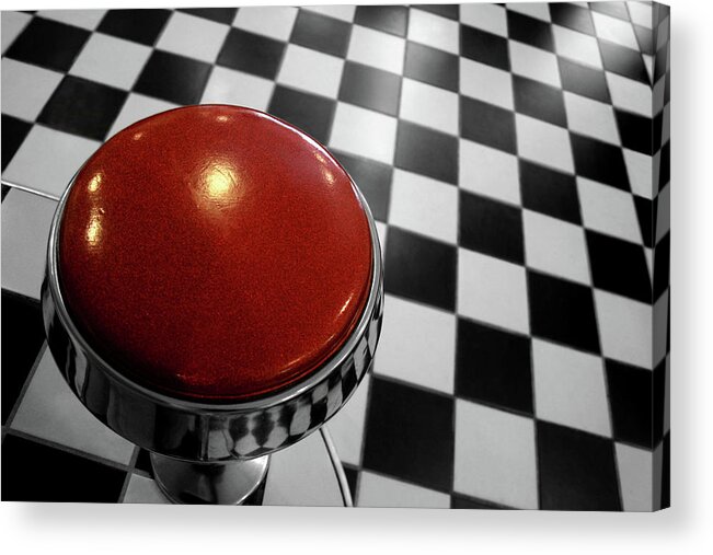 San Francisco Acrylic Print featuring the photograph Red Cushion Stool Above Chequered Floor by Peter Young