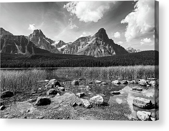 Banff Acrylic Print featuring the photograph Reflection on Waterfowl Lake Banff National Park Alberta Canada Rocky Black and White by Toby McGuire