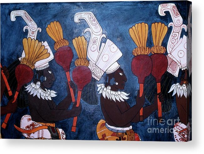 Ceremony Acrylic Print featuring the painting Reproduction Of A Mural Showing Musicians With Rattles During A Ceremony, From The Temple Of Murals, Bonampak by Mayan
