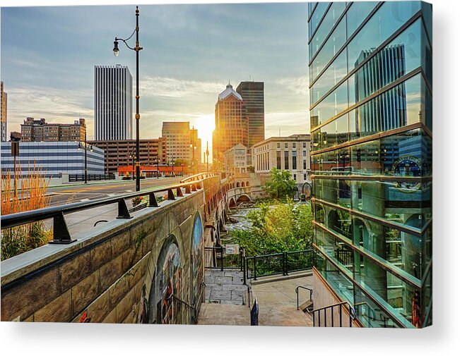 Rochester Acrylic Print featuring the photograph Rochester New York Court Street Bridge Reflection Sunrise by Toby McGuire