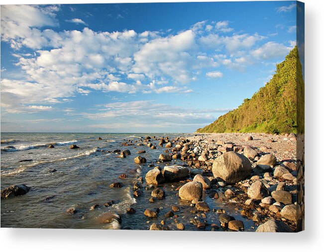 Water's Edge Acrylic Print featuring the photograph Rocky Coastline With Boulders In Warm by Avtg