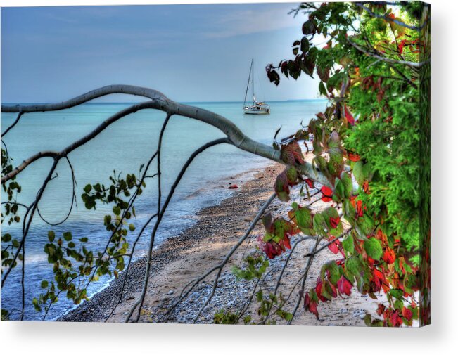 Sailboat Sailing Boat Autumn Red Leaves Lake Michigan Milwaukee Wi Wisconsin Great Lakes Aqua Turquoise Acrylic Print featuring the photograph Sailboat Serenity - Sailboat anchored in Lake Michigannear Shorewood Nature Preserve in Milwaukee WI by Peter Herman