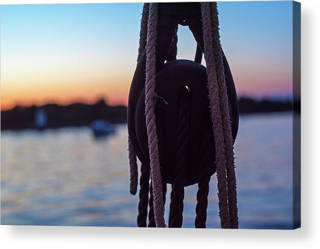 Salem Acrylic Print featuring the photograph Sailing into Salem Harbor at sunset Salem MA Rope Detail by Toby McGuire