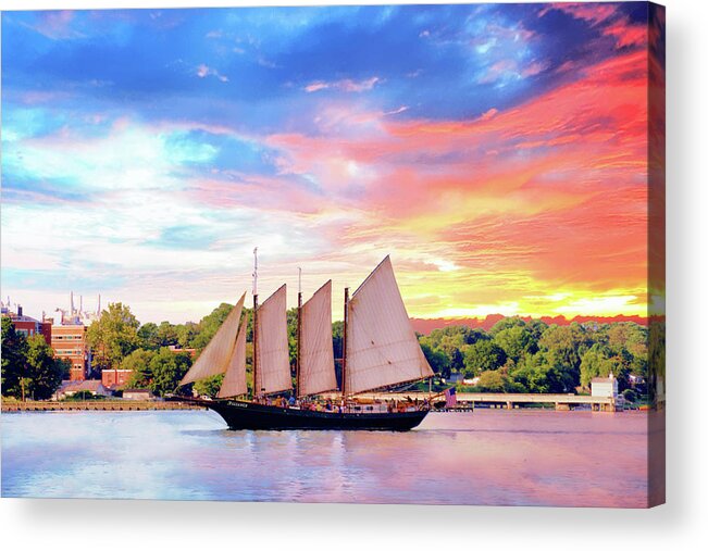 Schooner Acrylic Print featuring the photograph Sails in the Wind at Sunset on the York River by Ola Allen