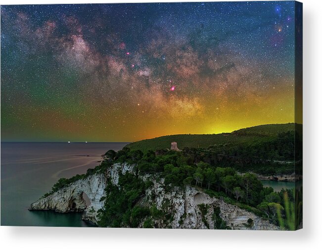 #nightscape #starscape #space #italy #puglia #gargano #milkyway #astrophotography #astronomy #astro #arch #arco #tower #torre Acrylic Print featuring the photograph San Felice Arch and Tower by Ralf Rohner