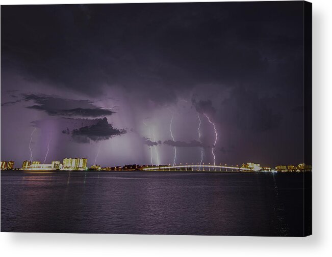 Clouds Acrylic Print featuring the photograph Sand Key Bridge Lightning by Joe Leone