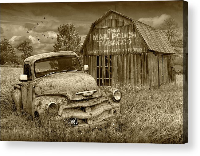 Chevy Acrylic Print featuring the photograph Sepia Tone of Rusted Chevy Pickup Truck in a Rural Landscape by a Mail Pouch Tobacco Barn by Randall Nyhof