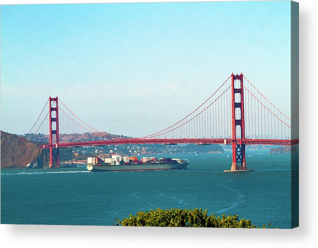 Ship Entering The Golden Gate Acrylic Print featuring the photograph Ship Entering The Golden Gate by Bonnie Follett