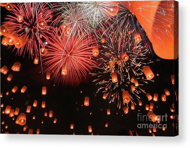 Wind Acrylic Print featuring the photograph Sky Lanterns With Fireworks by Tanachot