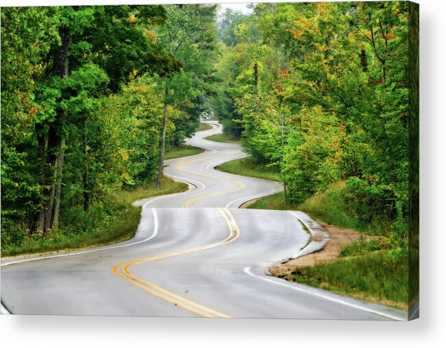 Door County Wi Acrylic Print featuring the photograph Slippery When Wet - The famous winding road at tip of Door County WI by Peter Herman