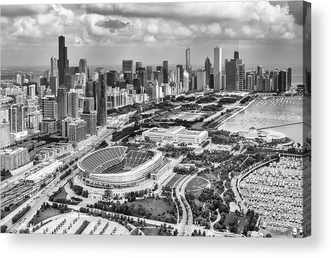 3scape Acrylic Print featuring the photograph Soldier Field and Chicago Skyline Black and White by Adam Romanowicz