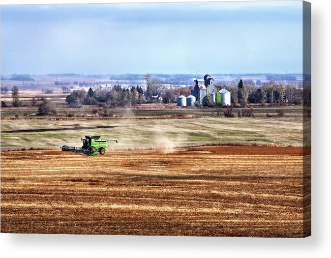 Soybean Harvest John Deere Combine Agriculture Brinsmade Nd Ghost Town Farming Americana Rural Acrylic Print featuring the photograph Soybean Harvest - Brinsmade ND by Peter Herman