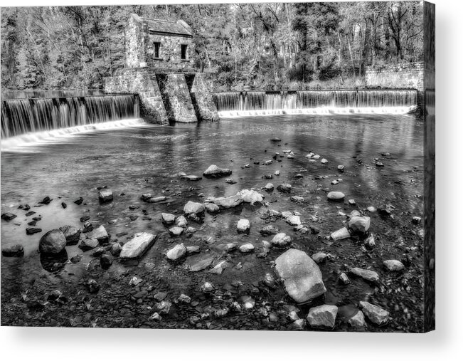 Speedwell Dam Acrylic Print featuring the photograph Speedwell Dam And Waterfall BW by Susan Candelario