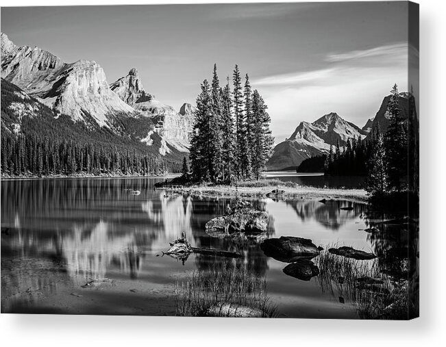 Jasper Acrylic Print featuring the photograph Spirit Island Maligne Lake Jasper National Park Alberta Canada Black and White by Toby McGuire
