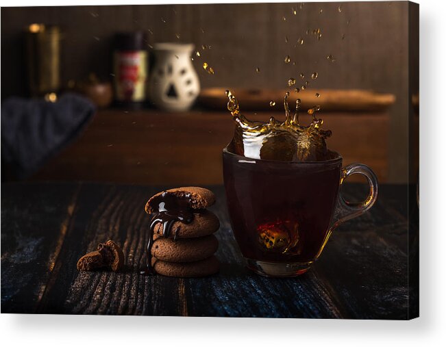 #splash #artwork #stilllife #foodphoto #tea #cookies #rembrandt Acrylic Print featuring the photograph Splash by Sumit Dhuper