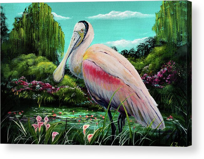 Spoonbill Acrylic Print featuring the painting Spoonbill by Greg Farrugia