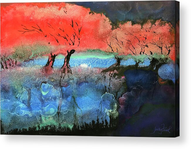 Watercolor; Salt And Alcohol In Watercolor; Cherry Blossoms; Red Blossoms; Eerie Night Reflections In Pond; Night Spirits; Red; Blue; Midnight Blue; Turquoise; Mist; Spooky Acrylic Print featuring the painting Spring Moon Over Pond by Judy Frisk