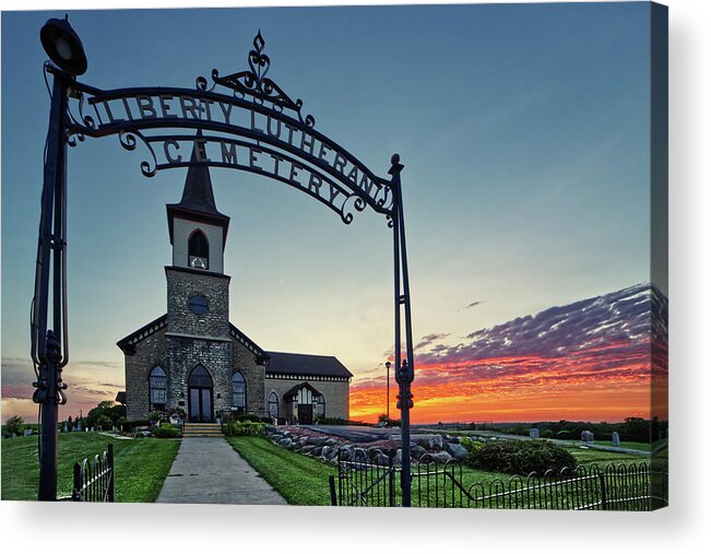 Norwegian Lutheran Church Koshkonong Wisconsin History Historical Oldest Elca Heritage Norway Sunset Cemetery Red Purple Sky Panorama Acrylic Print featuring the photograph St Paul Liberty Lutheran Church in Deerfield WI 1 of 2 by Peter Herman
