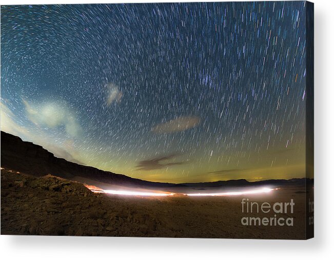 Star Trail Acrylic Print featuring the photograph Star Trails Over Negev Desert by Miguel Claro/science Photo Library