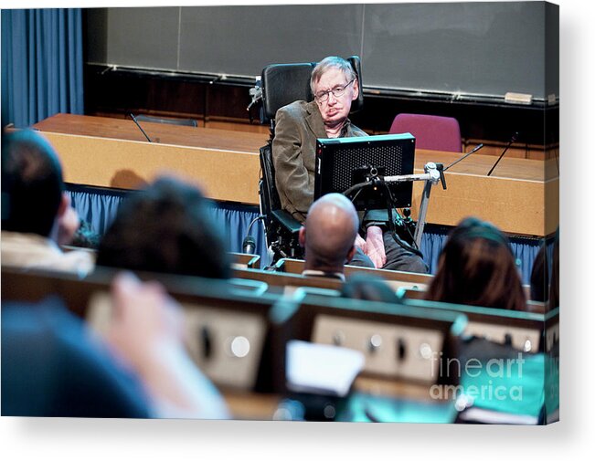 Stephen Hawking Acrylic Print featuring the photograph Stephen Hawking Lecturing At Cern In 2009 by Cern/science Photo Library