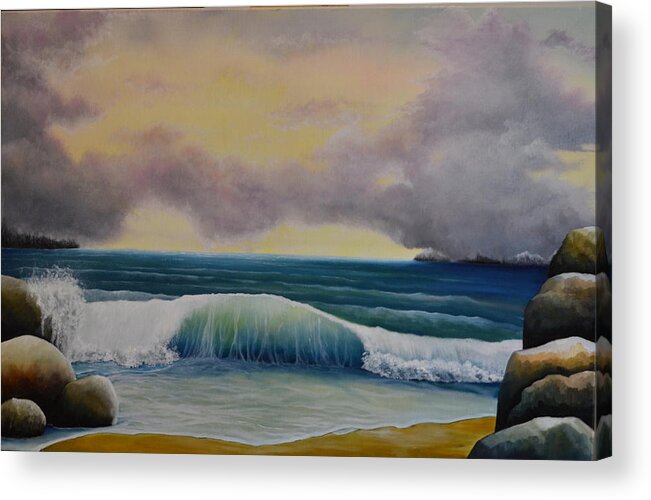 This Is An Oil Painting Of A Seascape. I Wanted To Paint A Large Wave Crashing On The Land. I Painted Large Rocks And A Sandy Beach For This Seascape. I Made The Sky With Large Dark Clouds That Are Forming Into A Storm. The Large Wave I Painted Shows It's Almost Fully Crested. Part Of This Wave Is Crashing Against The Rocks. In The Distant Background Are Some Islands. This Is A Large Painting That Would Complement Any Room In A House Or Office. Acrylic Print featuring the photograph Storm Waves by Martin Schmidt