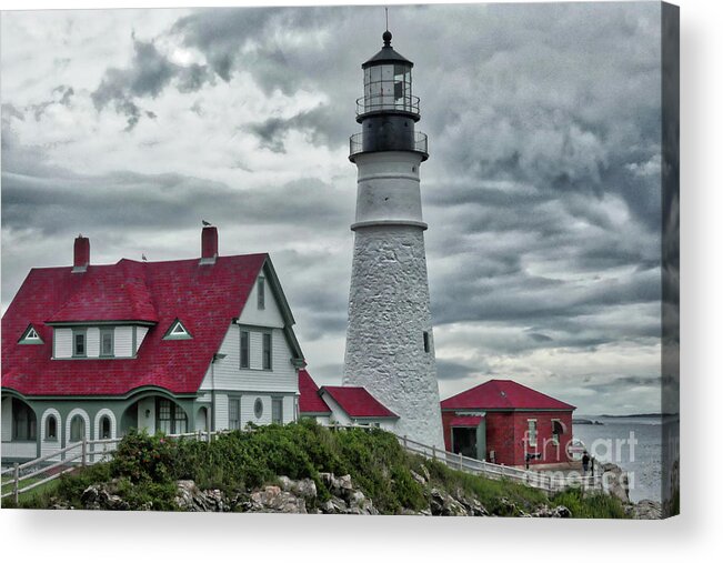 Lighthouse Acrylic Print featuring the photograph Stormy Clouds at Portland Head by Amy Dundon