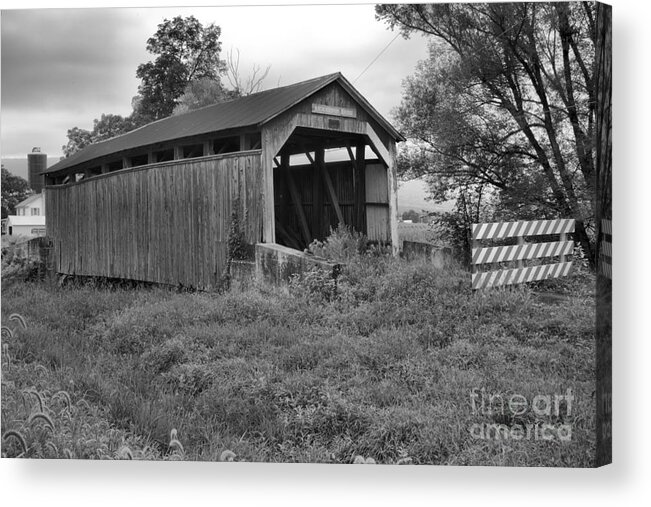 Kochenderfer Covered Bridge Acrylic Print featuring the photograph Stormy Skies Over The Kochenderfer Covered Bridge Black And White by Adam Jewell