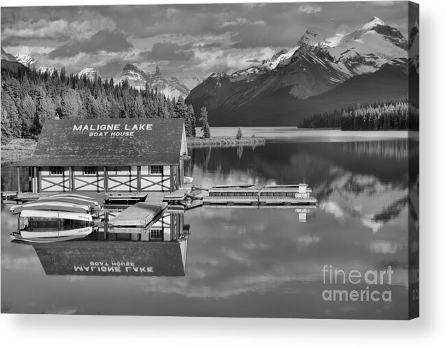 Maligne Acrylic Print featuring the photograph Summer Reflections On Maligne Lake Black And White by Adam Jewell