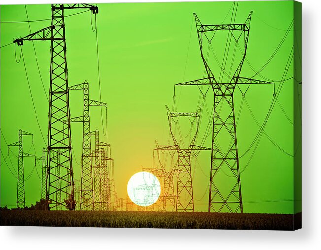 Electricity Pylon Acrylic Print featuring the photograph Sun Behind Power Lines by Sylvain Sonnet