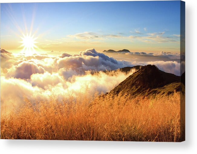 Scenics Acrylic Print featuring the photograph Sunburst Over Mountain With Clouds by Samyaoo