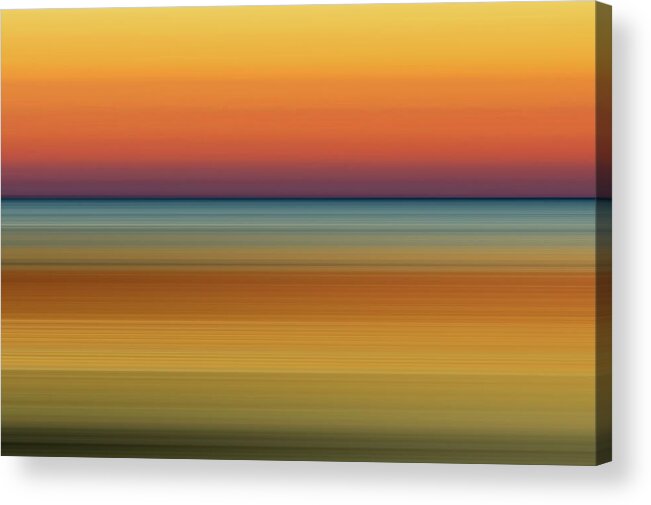 Sunrise Sunset Horizon Photography Digital Artwork Photography Based Digital Art Blur Motion Blur Sky Water Ocean Lake Morning Evening Sun Warm Saturated Colorful Color Abstract Landscape Blue Orange Cyan Yellow Red Blue Hour Golden Hour Calm Smooth Peaceful Quiet Rise Set Dawn Dusk Glow Scott Norris Creative; Scott Norris Photography Acrylic Print featuring the photograph Sunrise 3 by Scott Norris