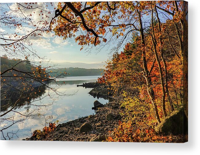 Lynn Acrylic Print featuring the photograph Sunrise on Breeds Pond Lynn Woods Lynn Massachusetts Fall Foliage Trees by Toby McGuire