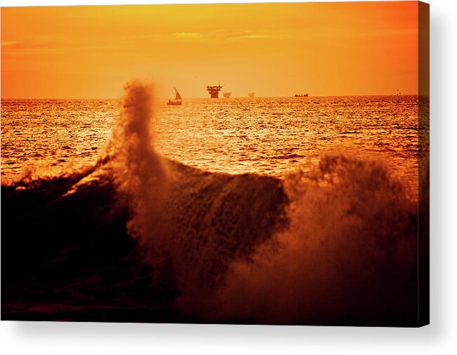 Scenics Acrylic Print featuring the photograph Sunset Behind An Oil Platform In The by Epicurean