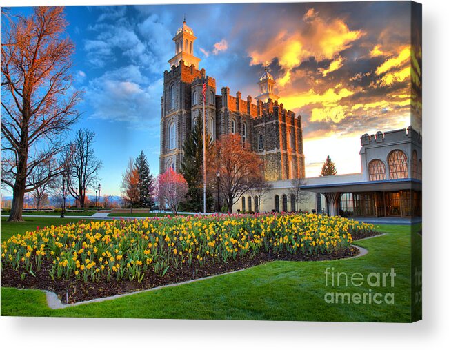 Logan Temple Acrylic Print featuring the photograph Sunset Over The Logan Utah Temple by Adam Jewell