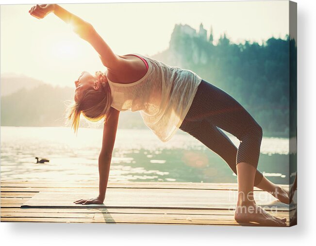 Yoga Acrylic Print featuring the photograph Sunset Yoga By The Water by Microgen Images/science Photo Library