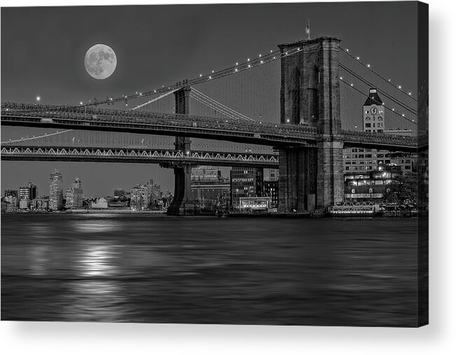 Nyc Skyline Acrylic Print featuring the photograph Super Moon Over Manhattan and Brooklyn Bridges NYC BW by Susan Candelario